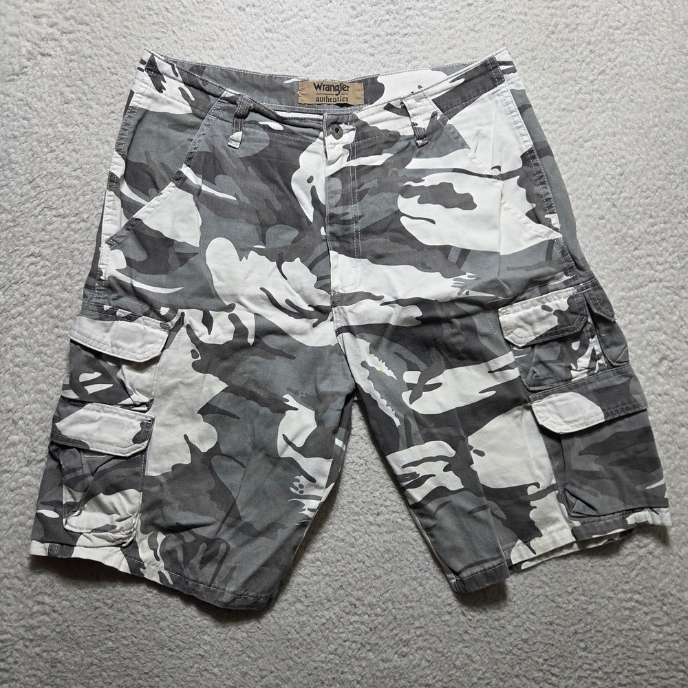 Wrangler Authentics Cargo Shorts Mens 33 Gray Camo Cotton Casual Outdoor